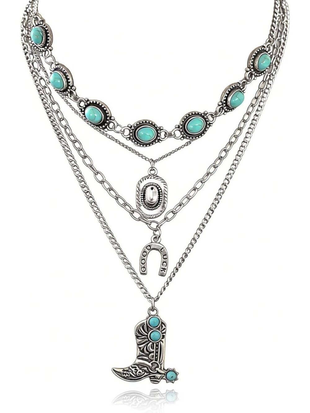 Boho Western Layered Charm Necklace - Turquoise Beaded Choker & Ox-head Pendant